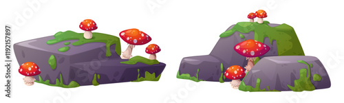 Bright red spotted mushrooms scattered on mossy swamp stones - natural platform design with grey rock formations and green grass growth. botanical pond or forest environments cliff boulder element.