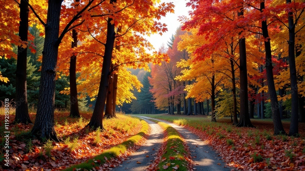 Naklejka premium Autumnal Pathway Through a Canopy of Vibrant Fall Foliage, Sunlight Dapples the Ground, Creating a Picturesque Scene of Nature's Beauty