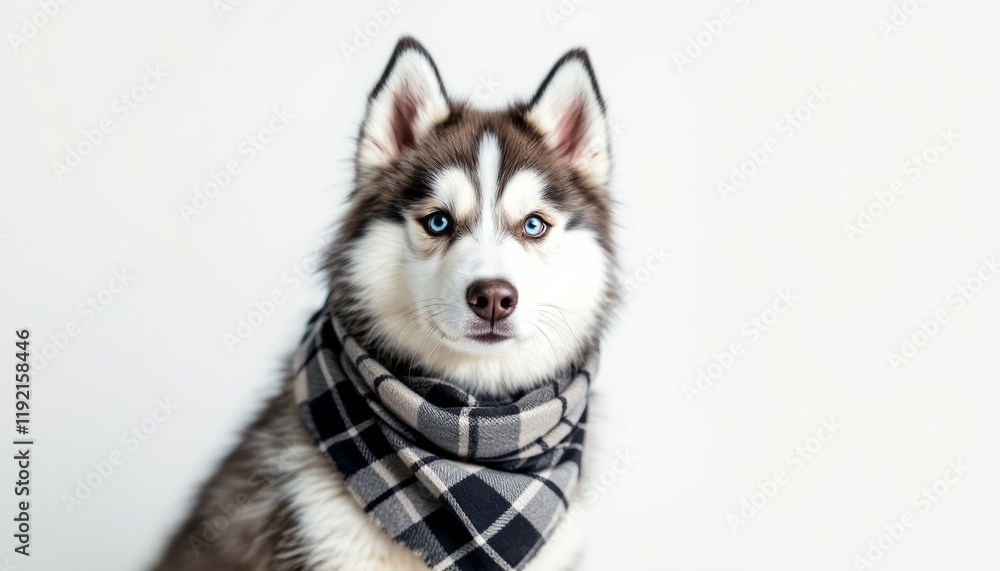 Obraz premium Adorable Husky Puppy in Plaid Scarf: A Charming Studio Portrait