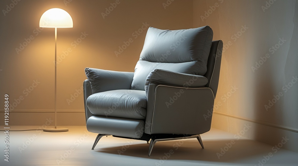 A modern-style chaise lounge with plush gray cushions sits in the corner of the room, illuminated by a floor lamp that highlights the chair. A modern-style chaise lounge with plush gray cushions sits in the corner of the room, illuminated by a floor lamp that highlights the chair.