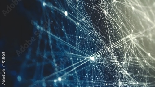 A stunning futuristic digital network visualization with interconnected, glowing nodes and lines forming a complex data network. The composition uses a rich blue color palette, with bright dots of lig