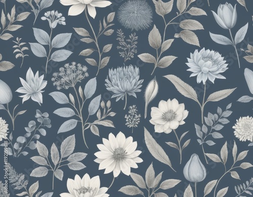 Elegant Monochrome Floral Seamless Pattern:  Delicate Botanical Illustration with Dahlias, Tulips, and Greenery