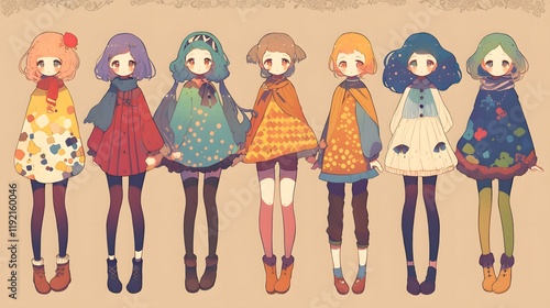 Whimsical anime girl dolls dressed in colorful outfits, perfect for capturing playful charm. photo