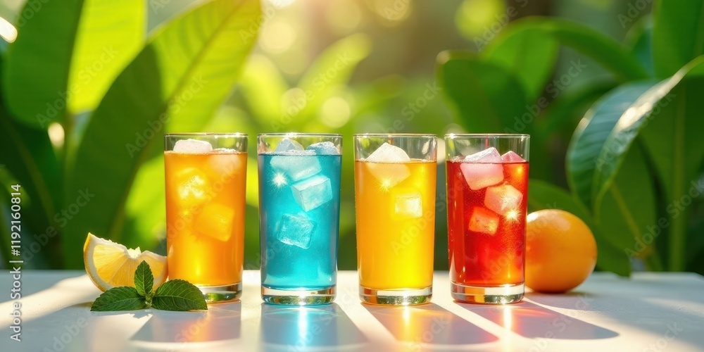 Fototapeta premium Refreshing Iced Beverages in Sunlight by Lush Greenery