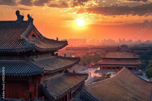 Wallpaper Mural The magnificent Qing Long Temple in Xi'an, China, during sunset, with the temple's rooftops glowing under the vibrant oranges and reds of the setting sun. Torontodigital.ca