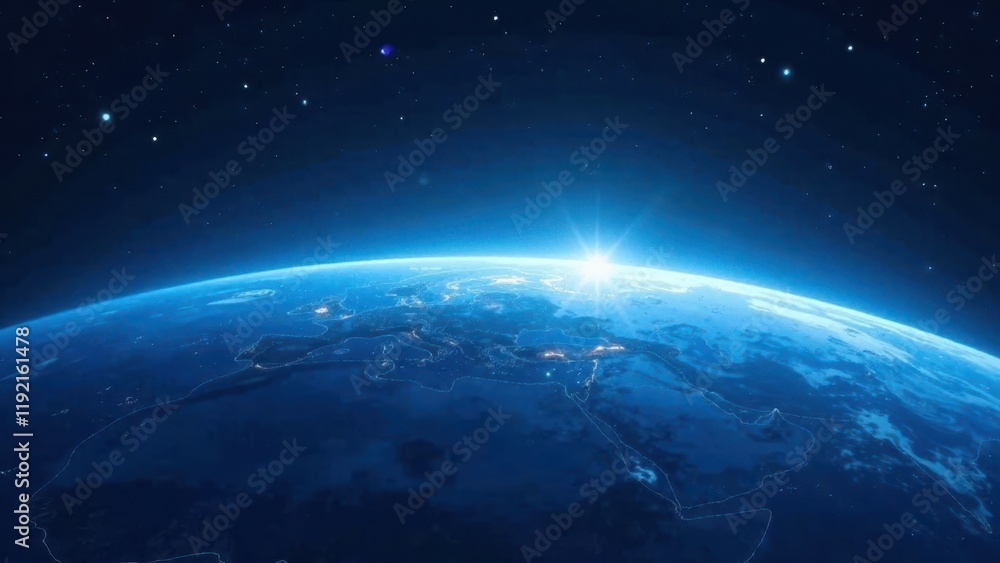 Obraz premium A Stunning View of Earth from Space, Showing the Planet's Curvature and the Glimmering Lights of Human Settlements at Night, Under a Starry Sky, Illuminated by the Radiant Glow of a Rising Sun