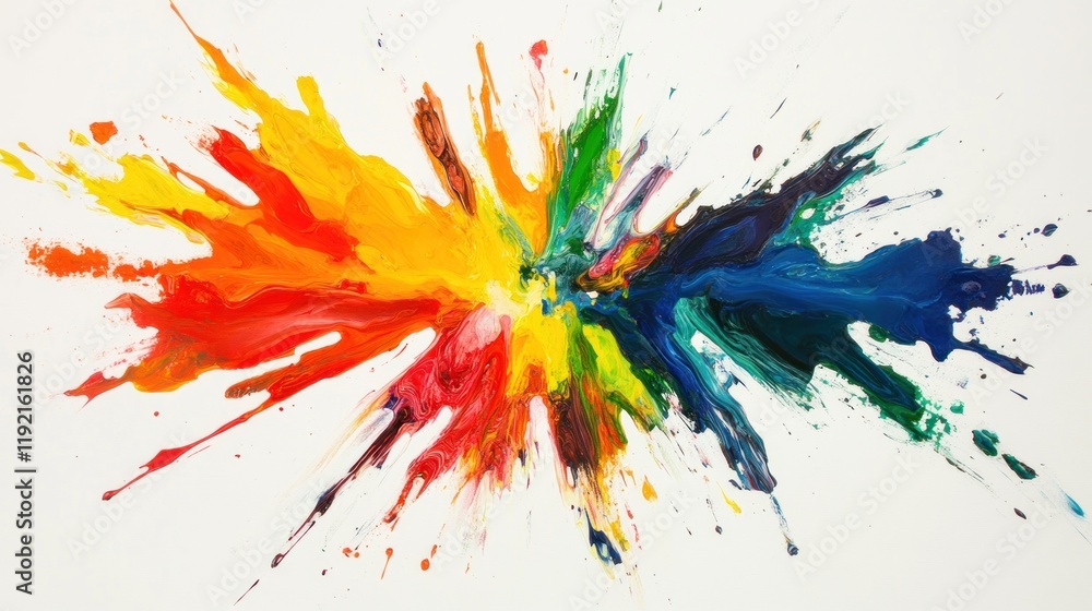 A bold rainbow paint splash with vivid colors spreading outward on a pristine white background, forming a lively and abstract design A bold rainbow paint splash with vivid colors spreading outward on a pristine white background, forming a lively and abstract design