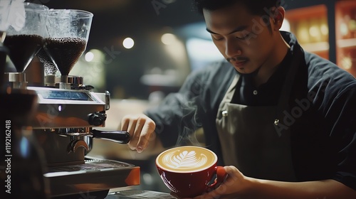 Barista preparing latte art in coffee shop photo