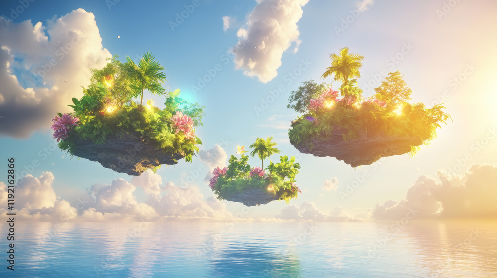 Fototapeta premium Floating tropical islands under a bright sky nature illustration calm waters serene environment dreamlike scene