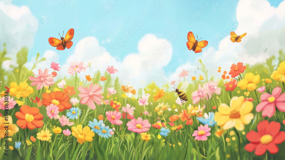 Butterflies and bees in a colorful flower field nature scene vibrant spring landscape bright sky whimsical concept