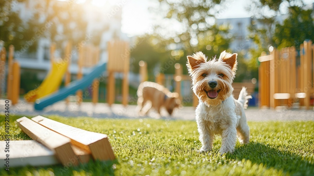 A joyful day at a pet-friendly place where two small dogs play on the green grass, surrounded by colorful playground equipment, capturing the essence of outdoor fun and companionship.