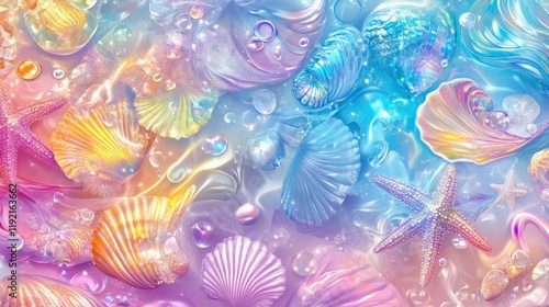A colorful and seamless mermaid-themed design with rainbow-tinted seashells, starfish, and elegant water patterns, perfect for fantasy visuals