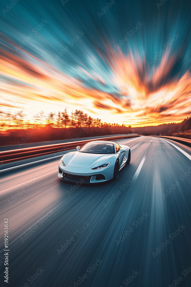 Fototapeta premium sunset, car driving in motion, car on high speed . rushing along a high-speed highway. banner