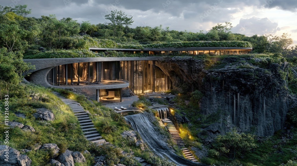 Fototapeta premium Cliffside Villa: Modern Architecture Integrated with Nature