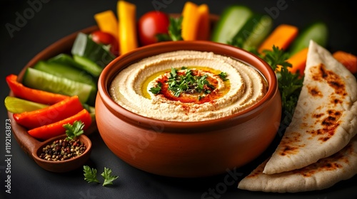 Artisanal hummus dip with a smooth creamy surface adorned with a mosaic of fragrant spices and herbs nestled in a handcrafted earthenware bowl and surrounded by an array of vibrant photo