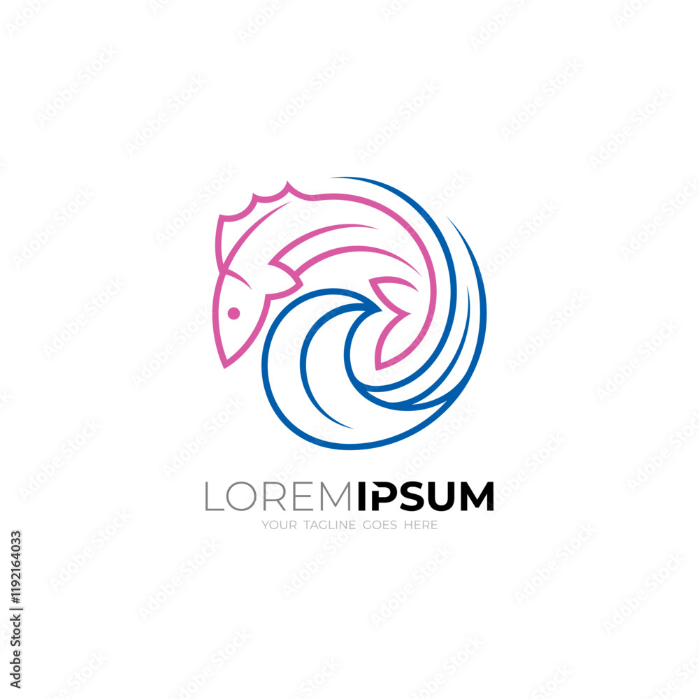 Fototapeta premium Fish logo and wave design template, line style, marine life