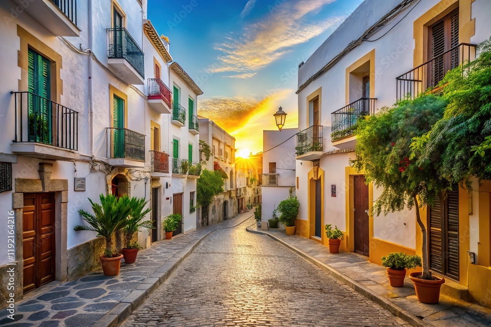 Fototapeta premium Empty Street, Ibiza Old Town Morning Light, Balearic Islands, Spain Photography