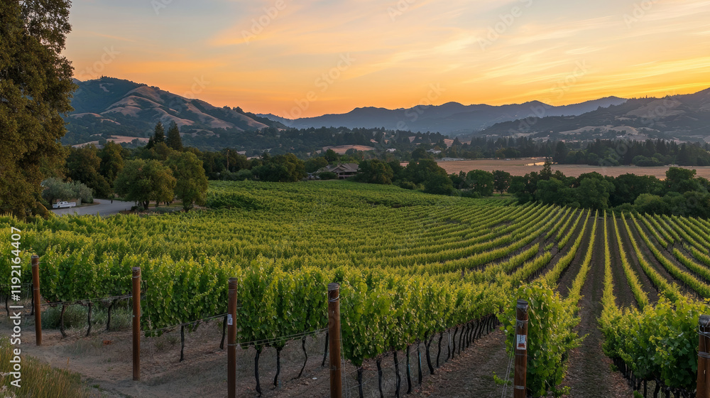 Fototapeta premium Sunset vineyard harvest napa valley photography scenic landscape aerial view nature's bounty