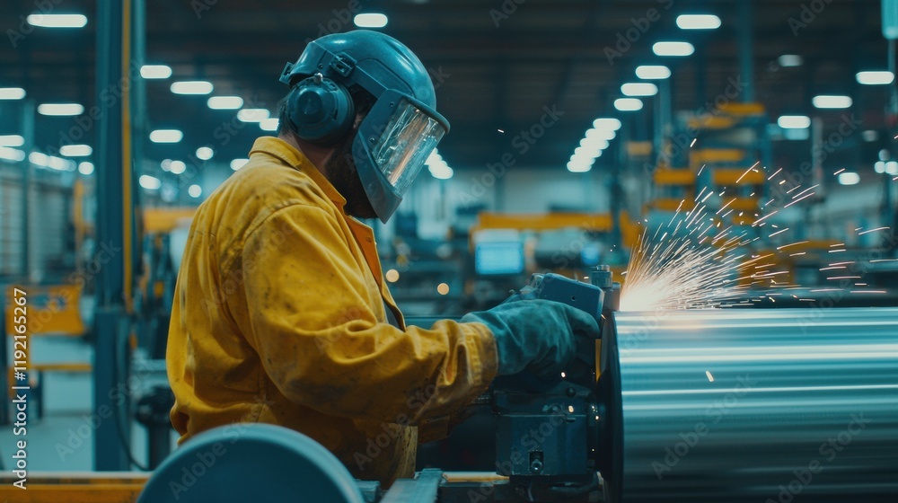 Industrial Worker Grinding Steel Pipe Using Electric Tool in Factory Industrial Worker Grinding Steel Pipe Using Electric Tool in Factory