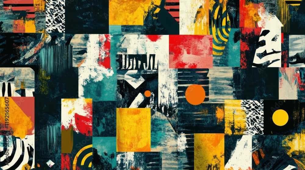 Fototapeta premium A creative patchwork of abstract artistic elements, including geometric shapes and expressive textures, arranged in a seamless stylish pattern