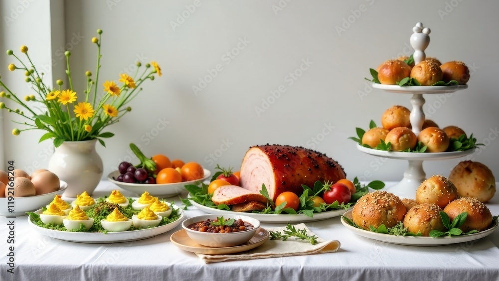 A Festive Springtime Table Setting Featuring a Glazed Ham, Deviled Eggs, and Sweet Bread Rolls A Festive Springtime Table Setting Featuring a Glazed Ham, Deviled Eggs, and Sweet Bread Rolls