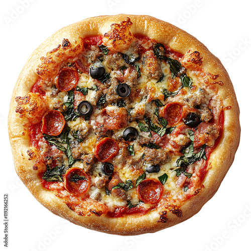 Freshly Baked Pizza with Golden Crust, Cheese, Tomato Sauce, and Toppings on Transparent Background