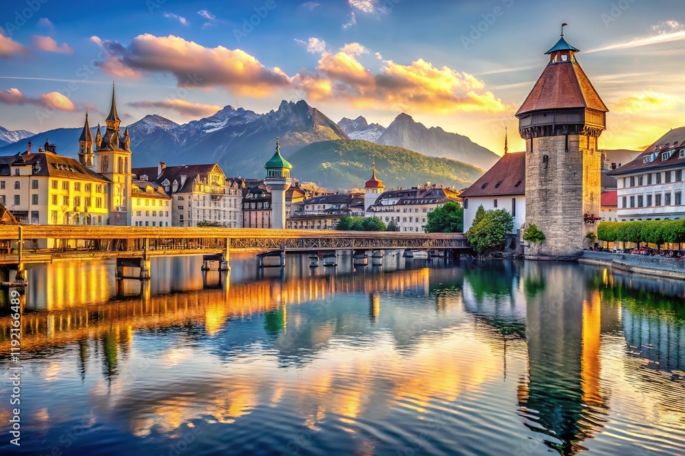 Fototapeta premium Lucerne Switzerland Cityscape: Breathtaking Alpine Views, Picturesque Bridges, Charming Old Town