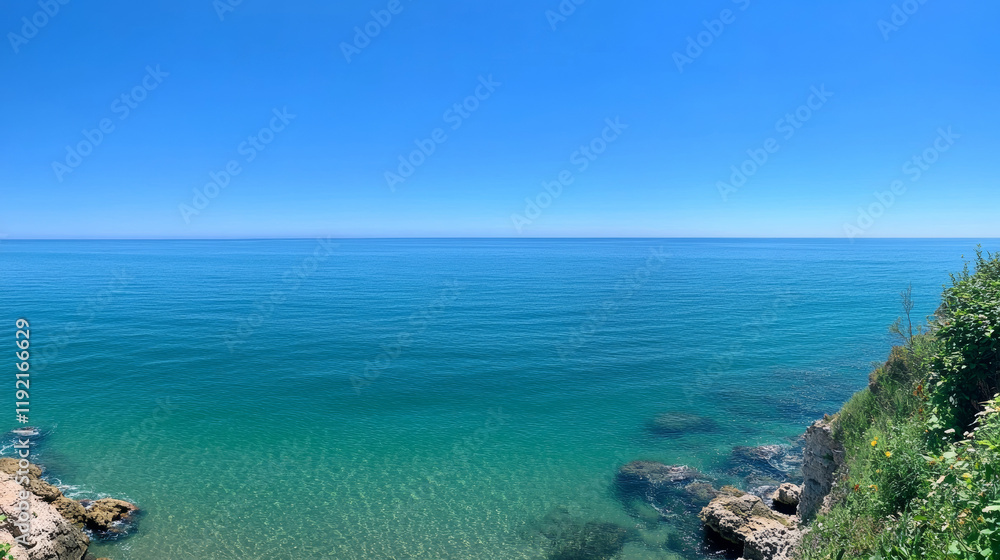Serene coastal scene captured in bright sunshine tranquil ocean view nature photography clear skies Serene coastal scene captured in bright sunshine tranquil ocean view nature photography clear skies