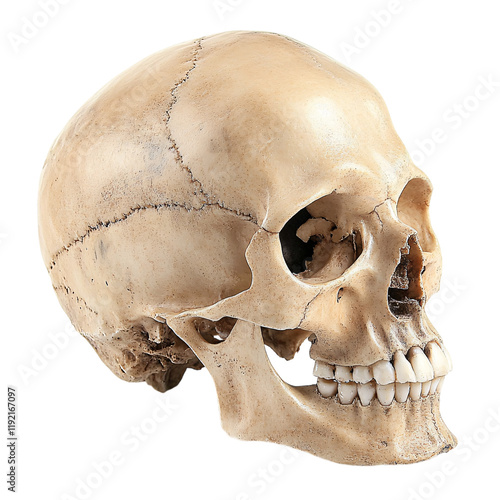 Detailed Real Human Skull Isolated on Transparent Background - Full Side View