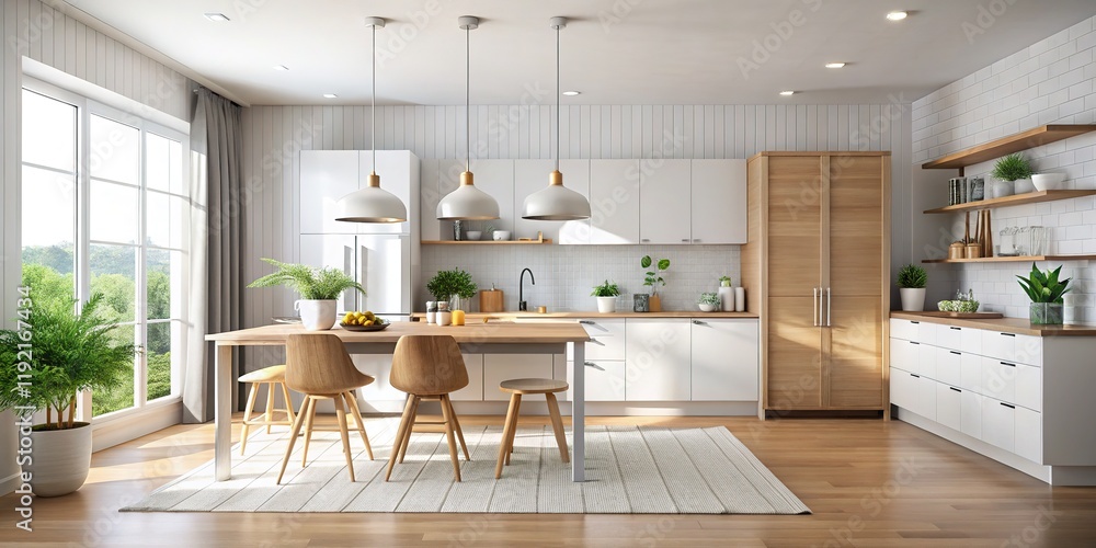 Fototapeta premium Minimalist Scandinavian Kitchen Design: Bright, Clean Lines & Natural Light