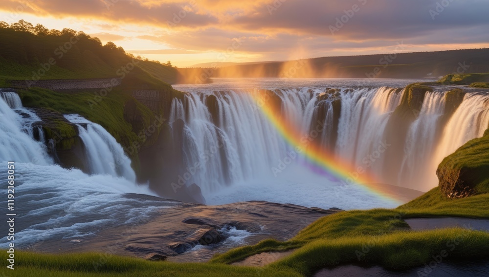 Fototapeta premium Majestic waterfall at sunset with a vibrant rainbow arching across the cascading water