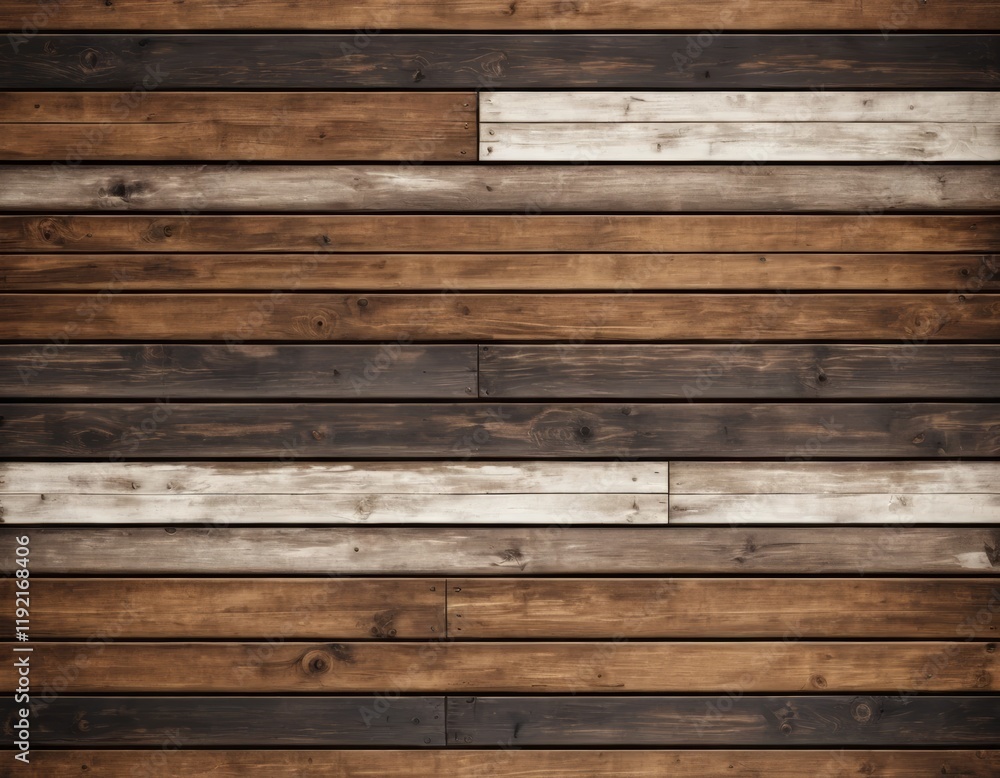 Obraz premium Rustic Wooden Wall Texture: Dark Brown, Gray, and White Horizontal Wood Planks Background