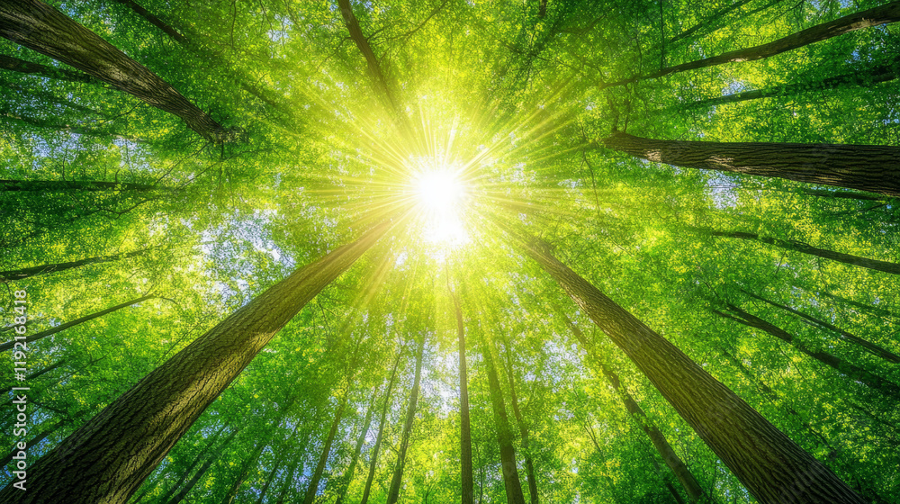 Sunlight breaking through dense forest canopy nature scene vibrant green environment below viewpoint tranquility concept Sunlight breaking through dense forest canopy nature scene vibrant green environment below viewpoint tranquility concept