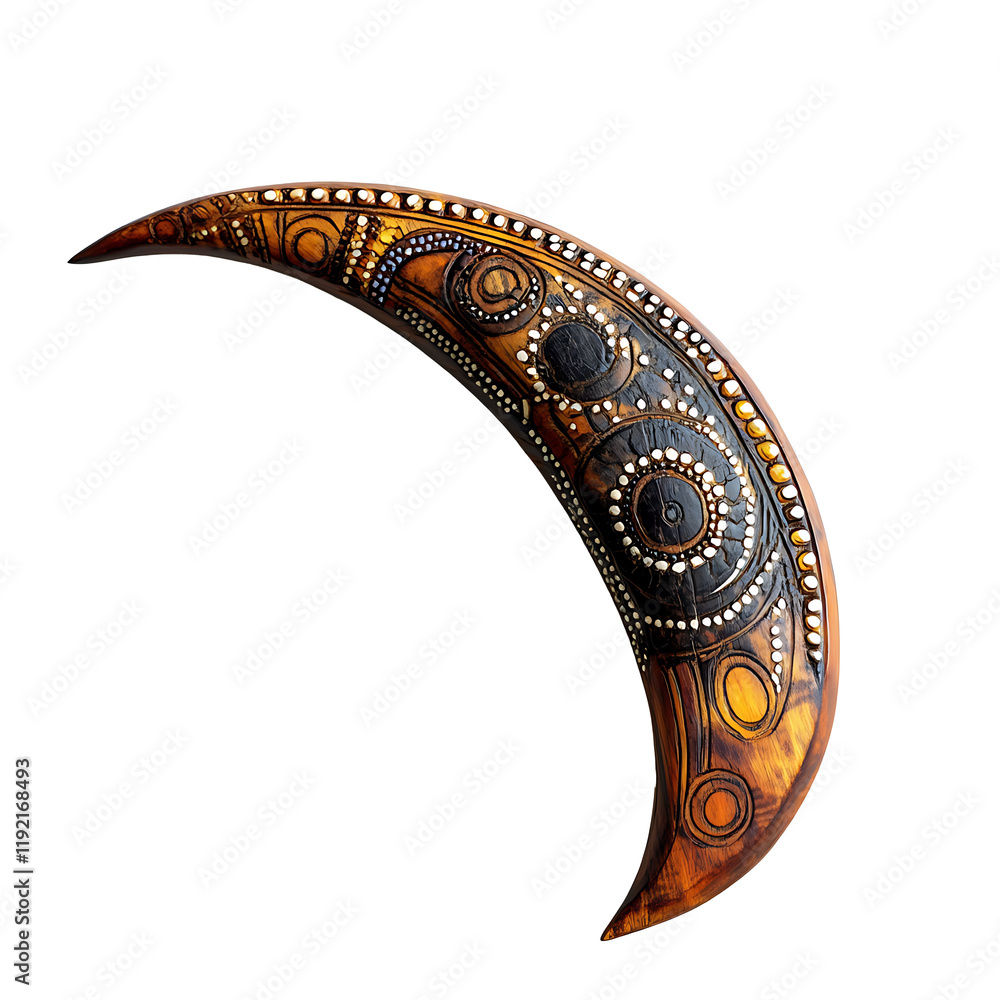 Obraz premium A boomerang with traditional Aboriginal pattern isolated on white background as transparent.PNG
