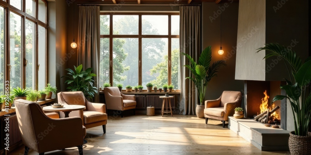 Fototapeta premium Serene living room with large windows, hardwood floors, comfortable armchairs, and a fireplace burning softly, bathed in natural sunlight