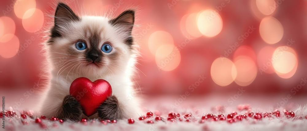 Adorable kitten holding a red heart against a bokeh background Adorable kitten holding a red heart against a bokeh background