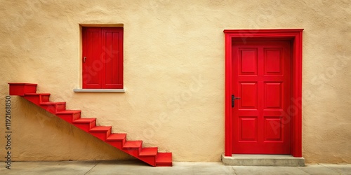 Red Door, Red Staircase, Cream Wall, Interior Design, Room Decor, Home Design, Architectural Photography