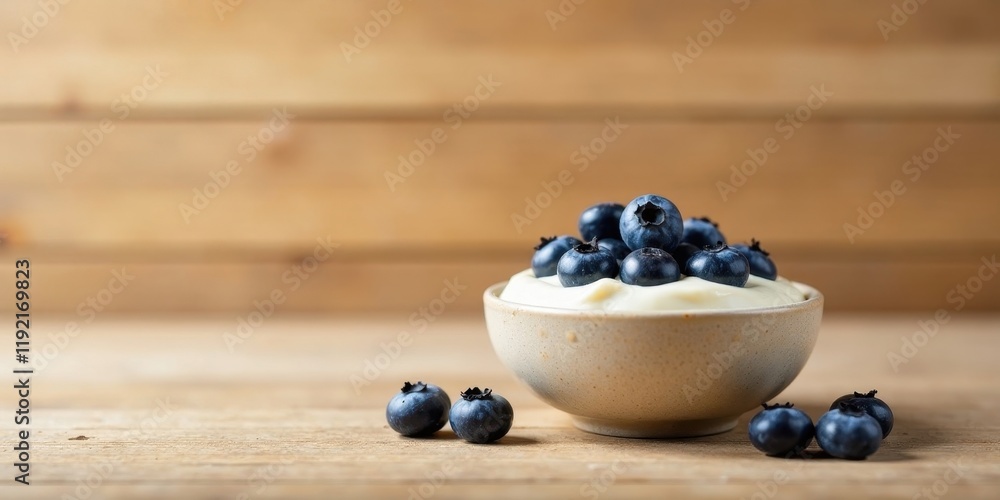 Creamy Yogurt with a Bountiful Topping of Sweet Blueberries Served in a Rustic Bowl on a Wooden Surface Creamy Yogurt with a Bountiful Topping of Sweet Blueberries Served in a Rustic Bowl on a Wooden Surface