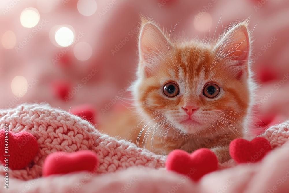 Cute Orange Kitten Surrounded by Soft Hearts on Cozy Blanket Cute Orange Kitten Surrounded by Soft Hearts on Cozy Blanket