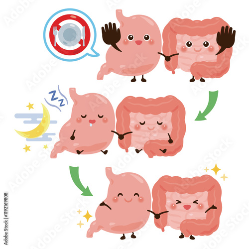 断食をしてデトックスする胃腸のキャラクター