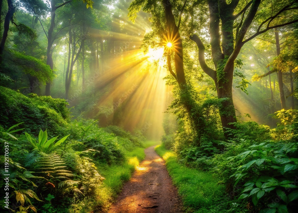 Sunlit Misty Forest Path - Lush Green Canopy Sunlit Misty Forest Path - Lush Green Canopy