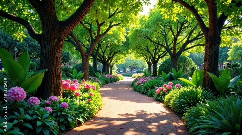 Fototapeta premium Serene Pathway Through a Lush Garden of Vibrant Blooms and Towering Trees