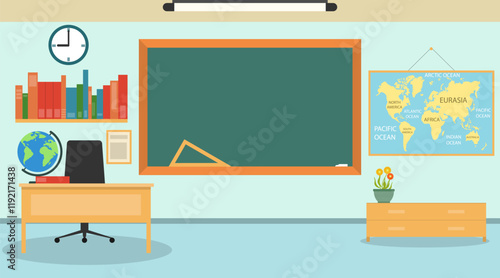 School classroom interior, school classroom with blackboard, books, globe and teacher's desk. Vector, designer illustration. Vector.