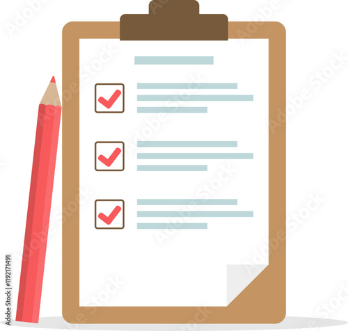 Clipboard, clipboard icon with completed tasks and a big red pencil. Vector, designer illustration. Vector.