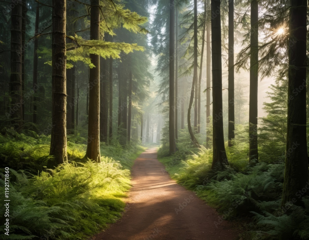 Fototapeta premium Sunlit Forest Path: Magical Misty Morning Trail Through Lush Green Ferns and Tall Trees
