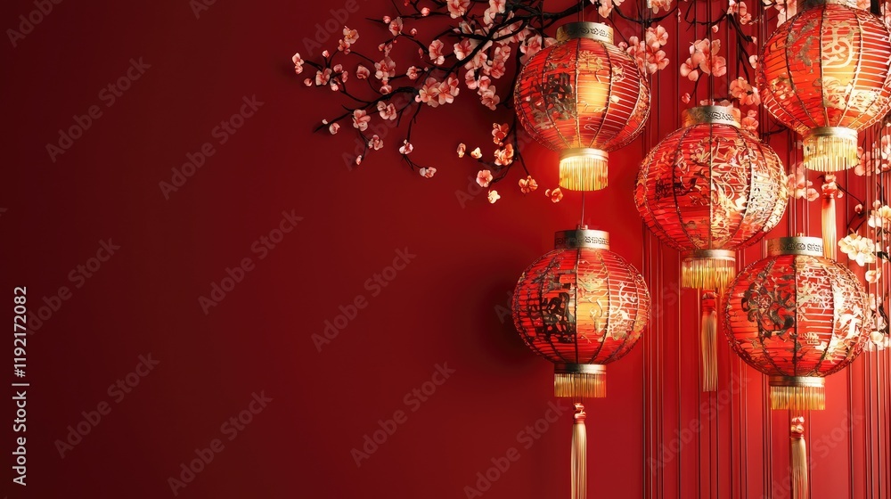 Red lanterns, cherry blossoms, celebration, Asian background, holiday greeting Red lanterns, cherry blossoms, celebration, Asian background, holiday greeting