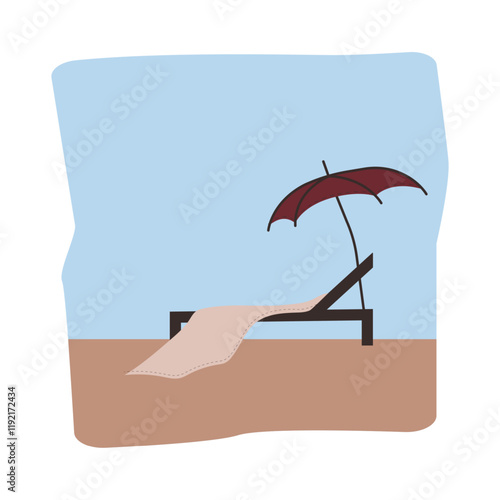 A lonely beach lounger under an umbrella stands on the sand of the beach under a blue sunny sky. Square scene. Landscape, resort view. Tourism and recreation. Vector illustration.