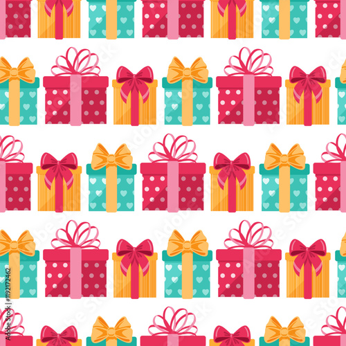 A festive seamless pattern of colorful gift boxes. For celebrations and special occasions. Endless texture. Vector illustration.