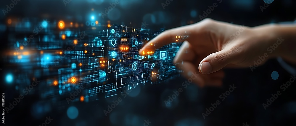 Hand interacting with digital interface showing icons. Hand interacting with digital interface showing icons.