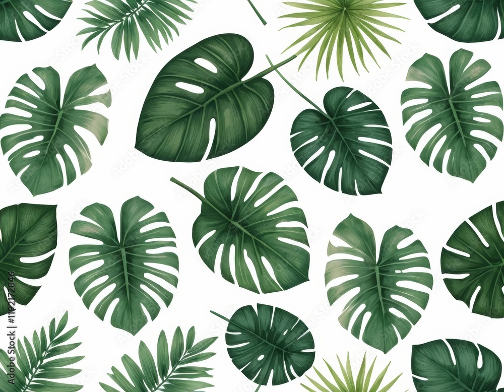 Tropical Monstera and Palm Leaves Seamless Pattern: Lush Green Foliage Repeat for Textile, Wallpaper, and Fabric Design Tropical Monstera and Palm Leaves Seamless Pattern: Lush Green Foliage Repeat for Textile, Wallpaper, and Fabric Design